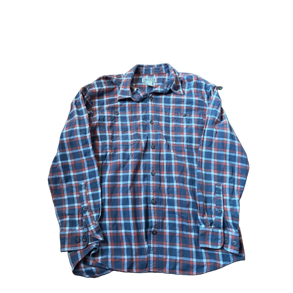 Duluth Trading Flannel Shirt Mens L Relaxed Fit Plaid Heavy Cotton Orange Gray